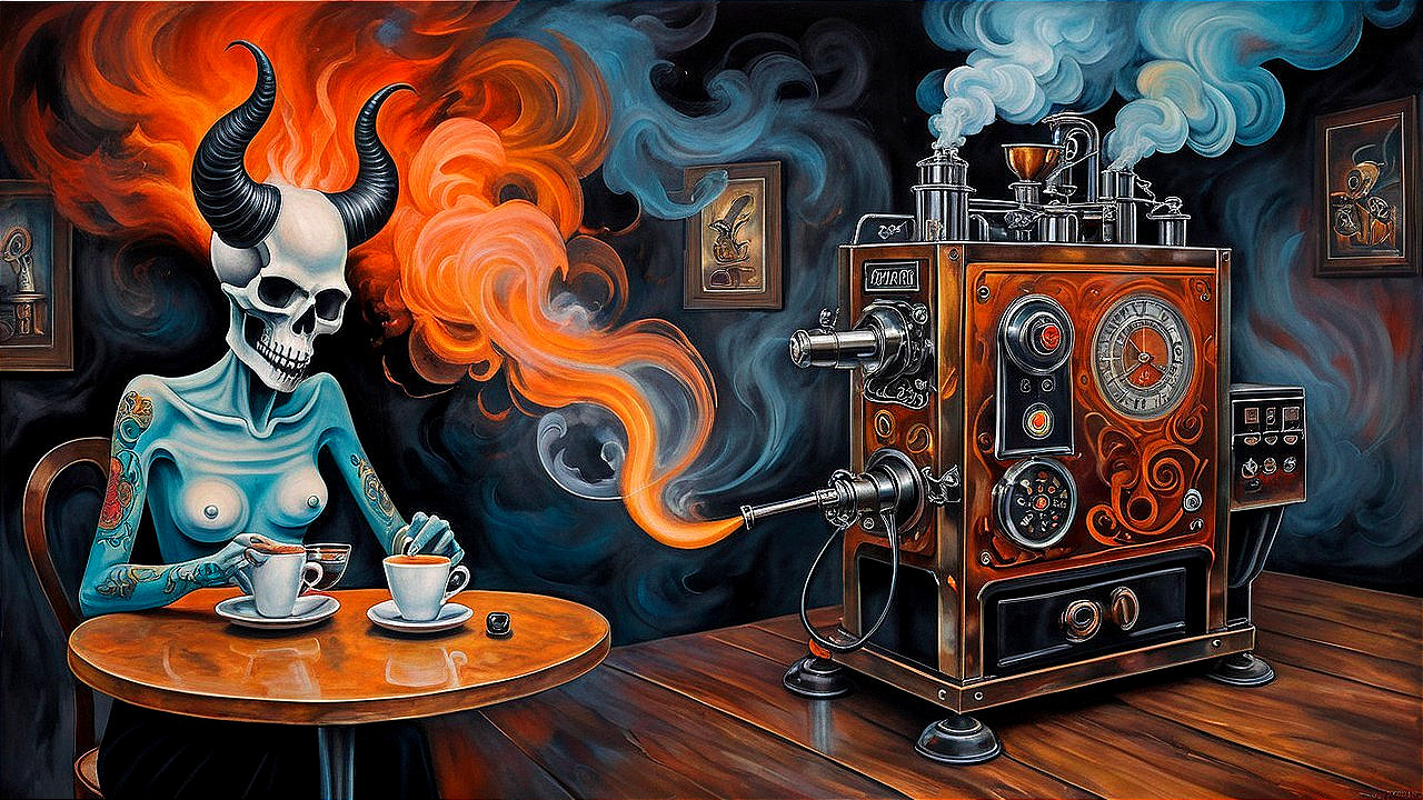 Surreal Scene of a Skeletal Figure Enjoying Coffee