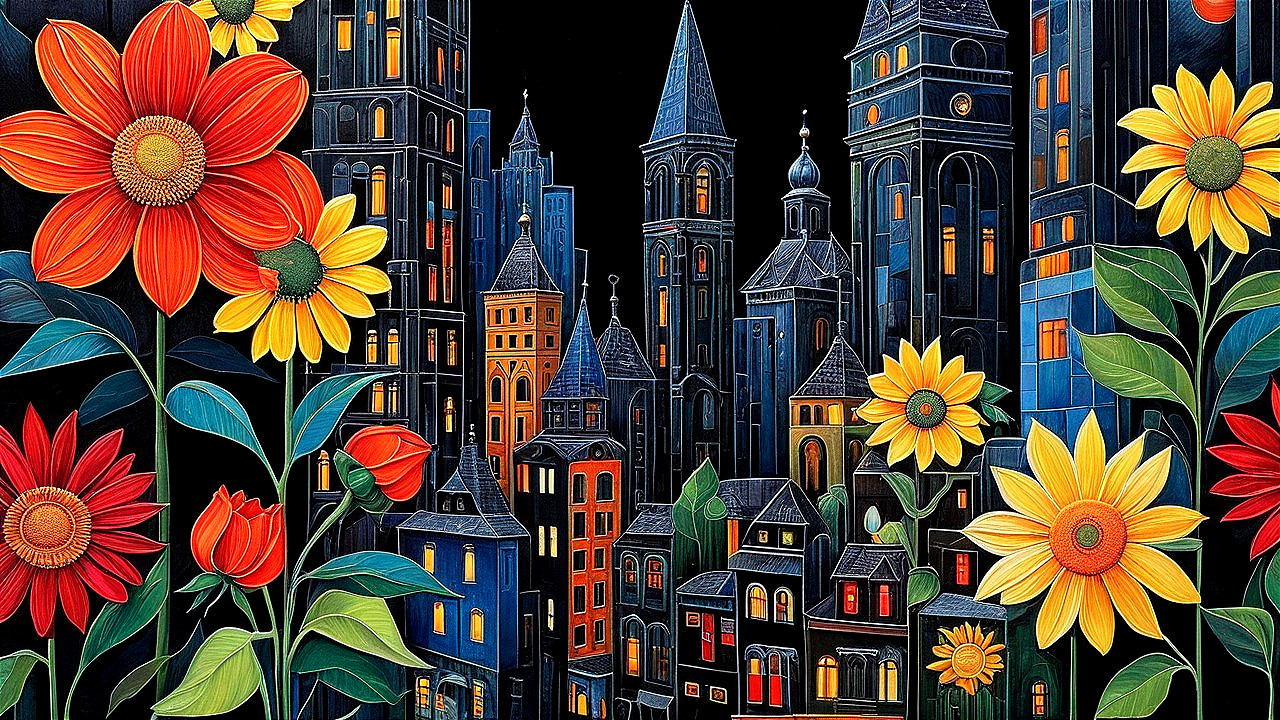 Vibrant Night Cityscape with Gothic and Modern Architecture