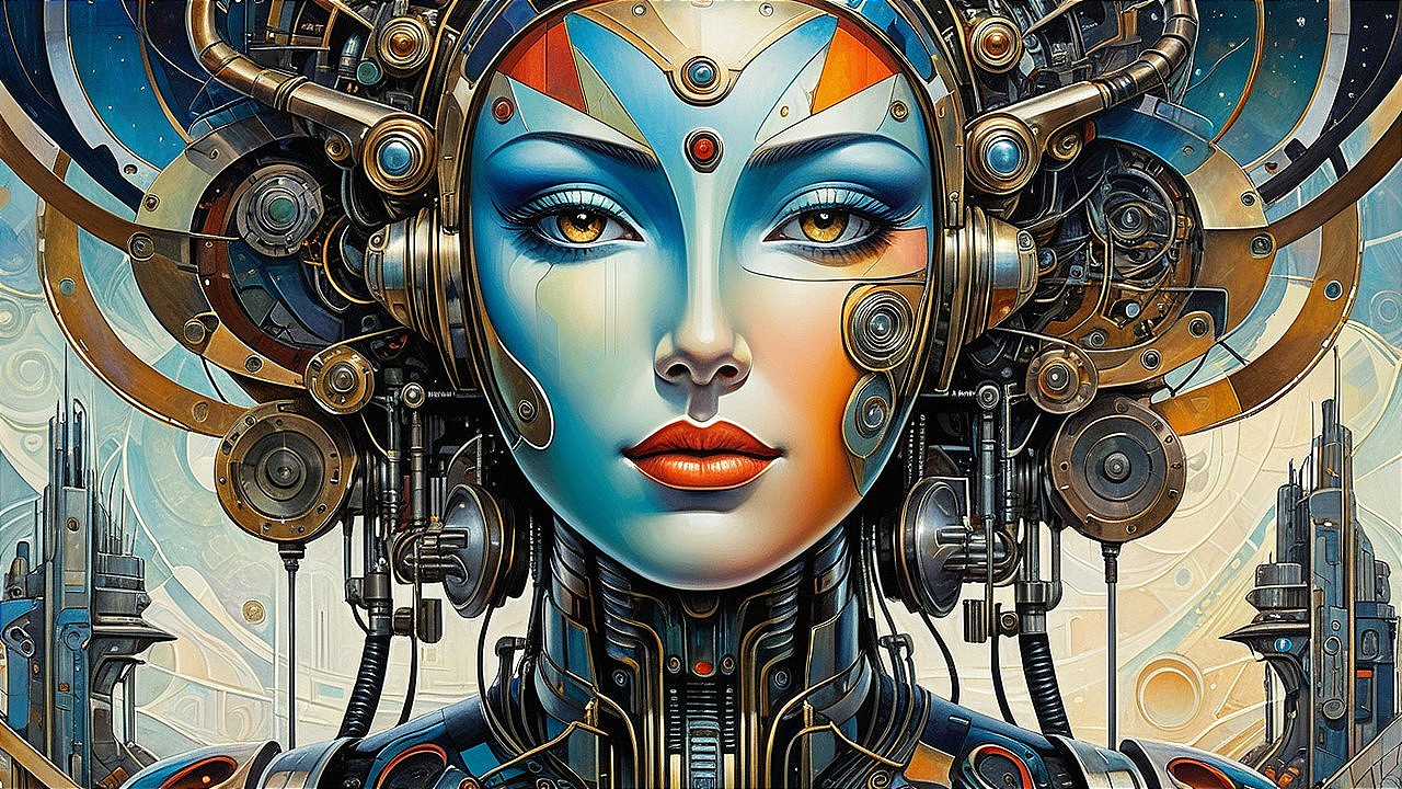 Art Deco Steampunk Robot Woman with Futuristic Cityscape