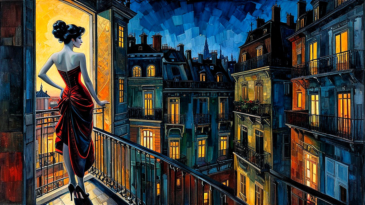 Elegant Woman in Red and Black Gown on Balcony at Night