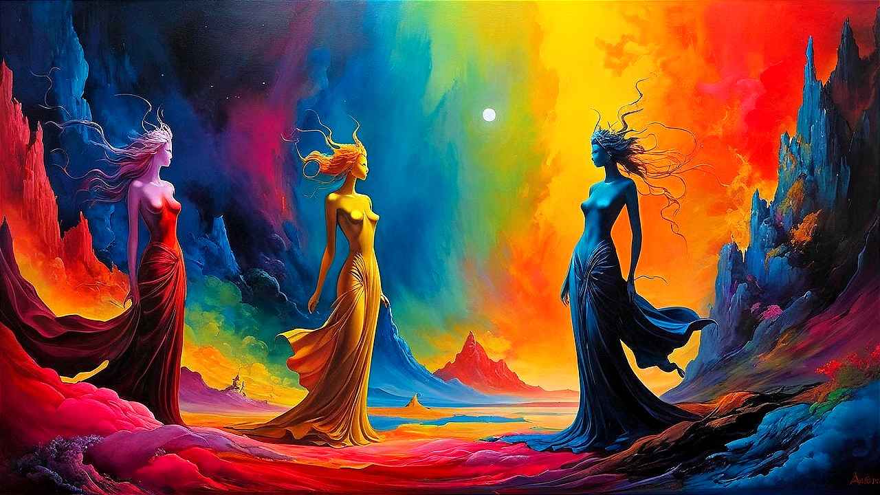 Three Ethereal Figures Against a Cosmic Backdrop