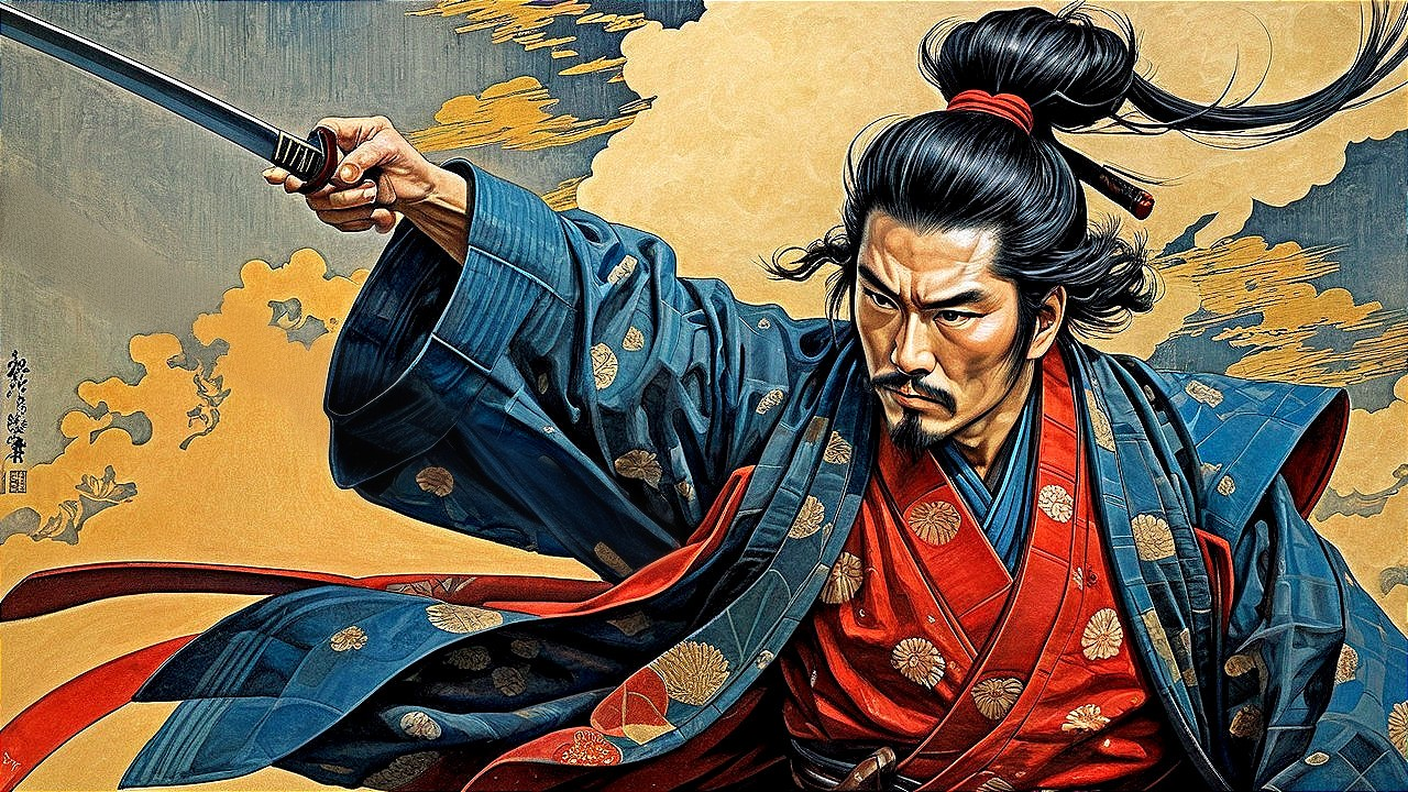 Fierce Samurai in Blue and Red Kimono with Katana