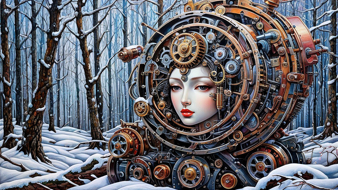 Mechanical Face in Snowy Forest with Gears
