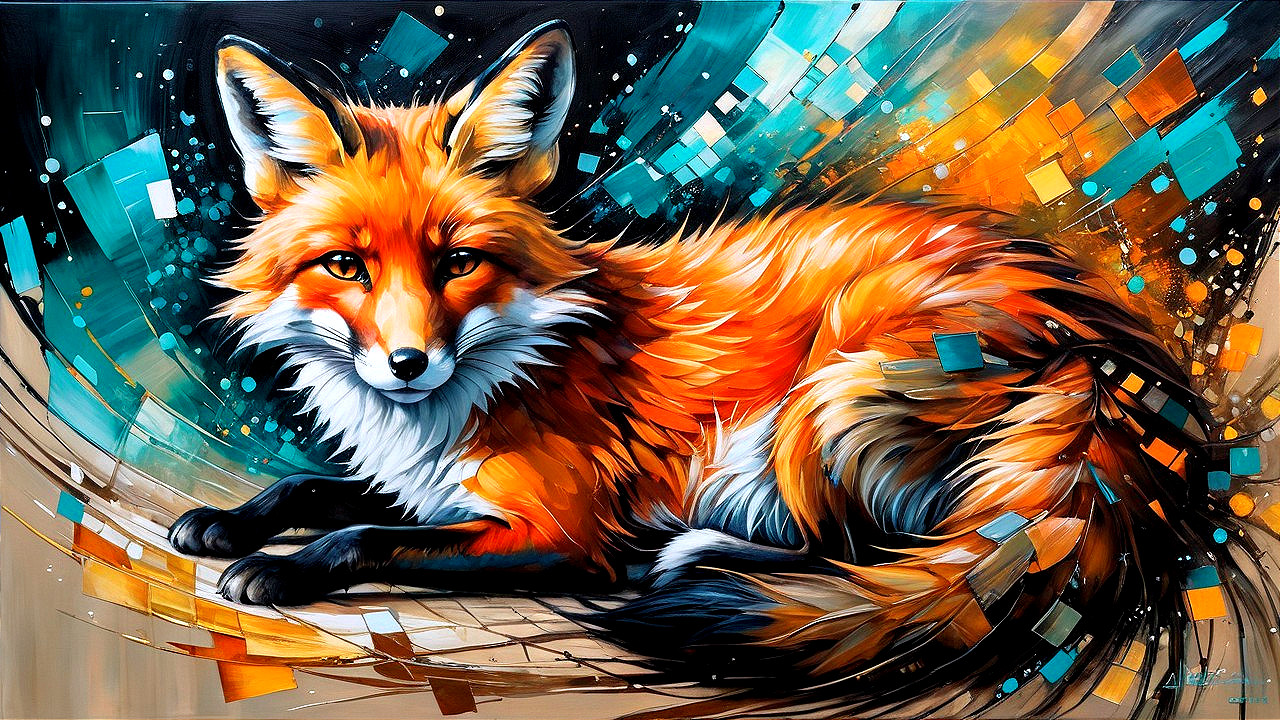 Vibrant Stylized Fox with Orange Fur and Dynamic Background