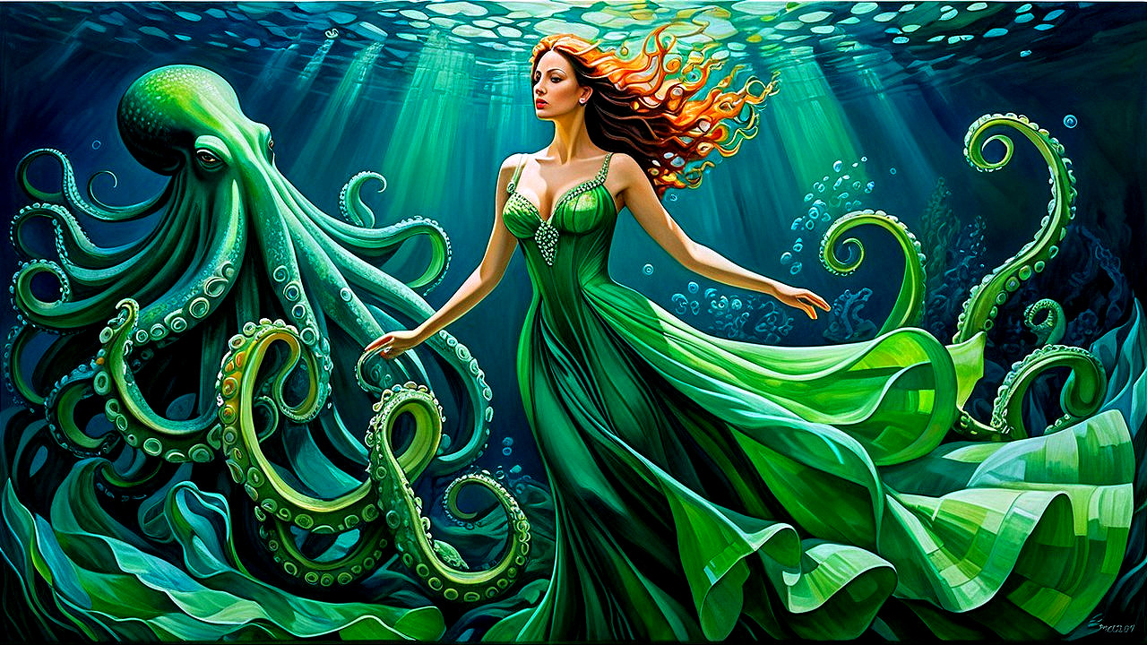 Underwater Scene with Woman and Majestic Octopus