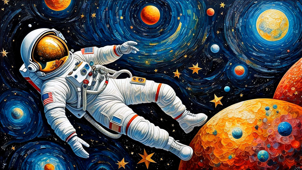 Astronaut in Space Surrounded by Colorful Celestial Bodies