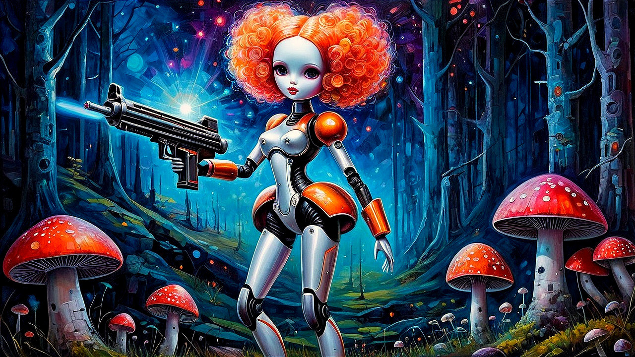 Futuristic Robot in Vibrant Otherworldly Forest Setting