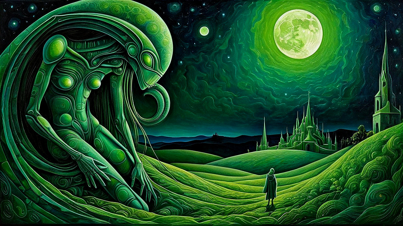 Surreal Landscape with Alien Figure and Mystical City