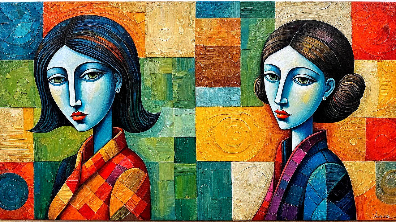 Stylized Women with Bold Colors and Geometric Background