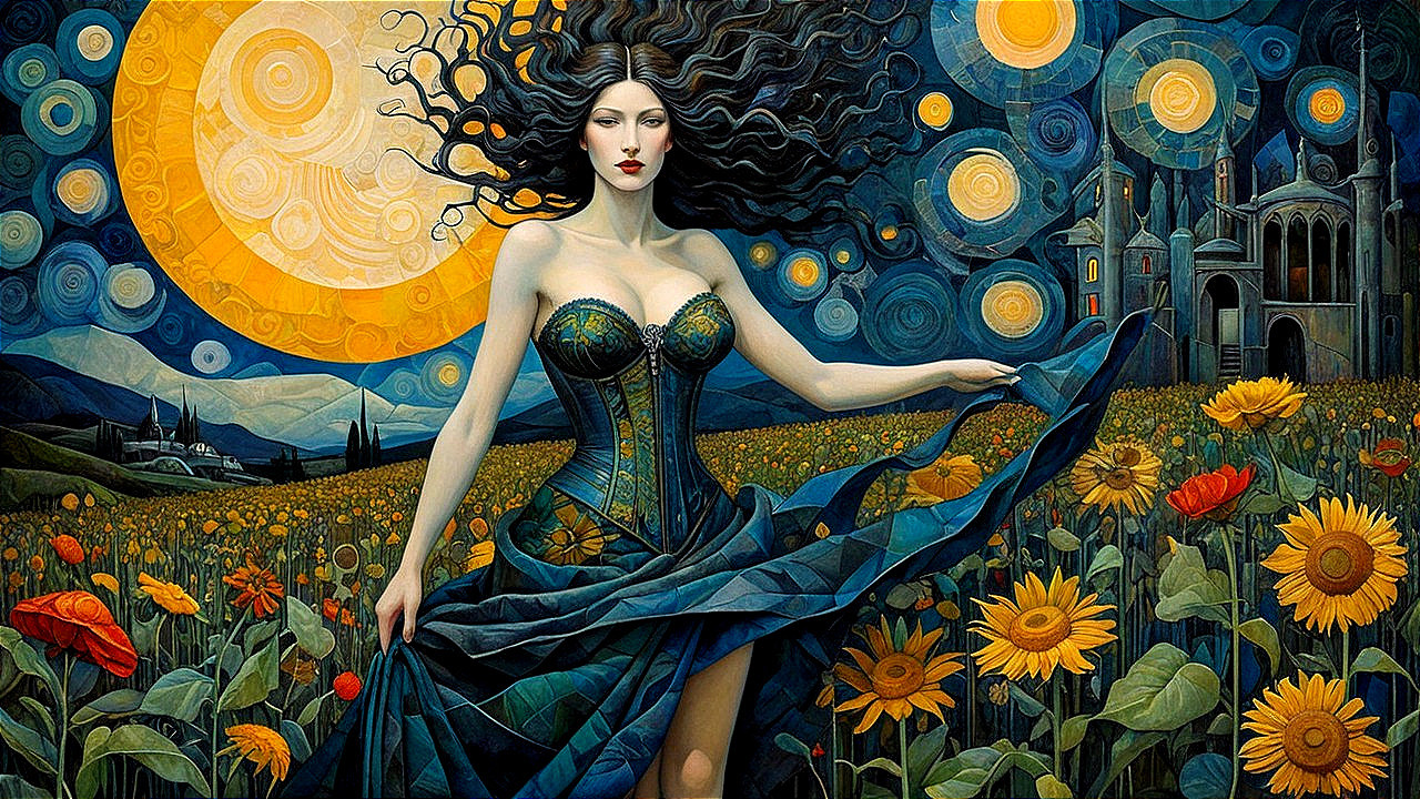 Woman in Teal Corset Surrounded by Sunflowers Painting