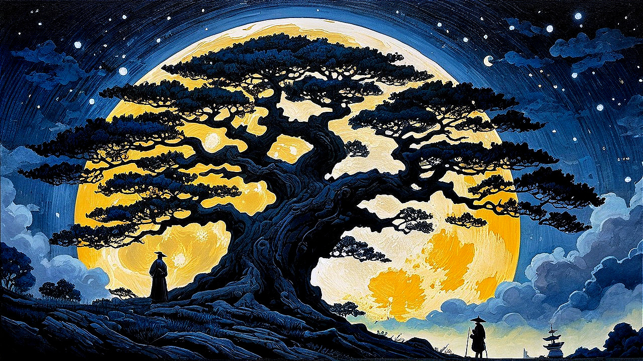 Tranquil Nocturnal Landscape with Moon and Bonsai Tree
