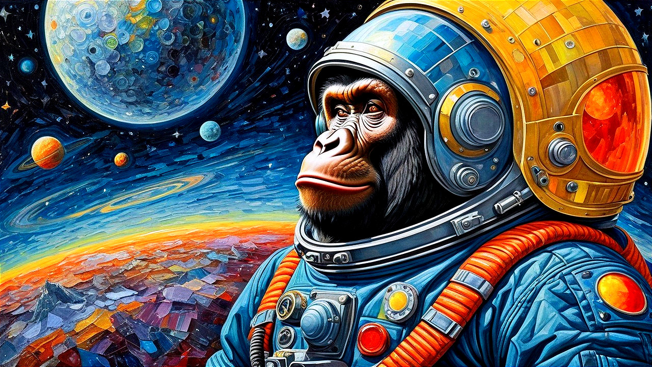 Gorilla in Astronaut Suit Against Cosmic Background
