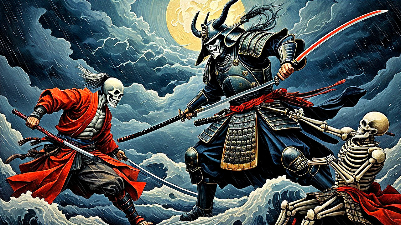 Samurai vs. Skeletal Warrior in Stormy Battle Scene
