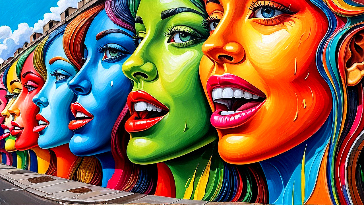 Vibrant Mural of Stylized Female Faces in Bold Colors