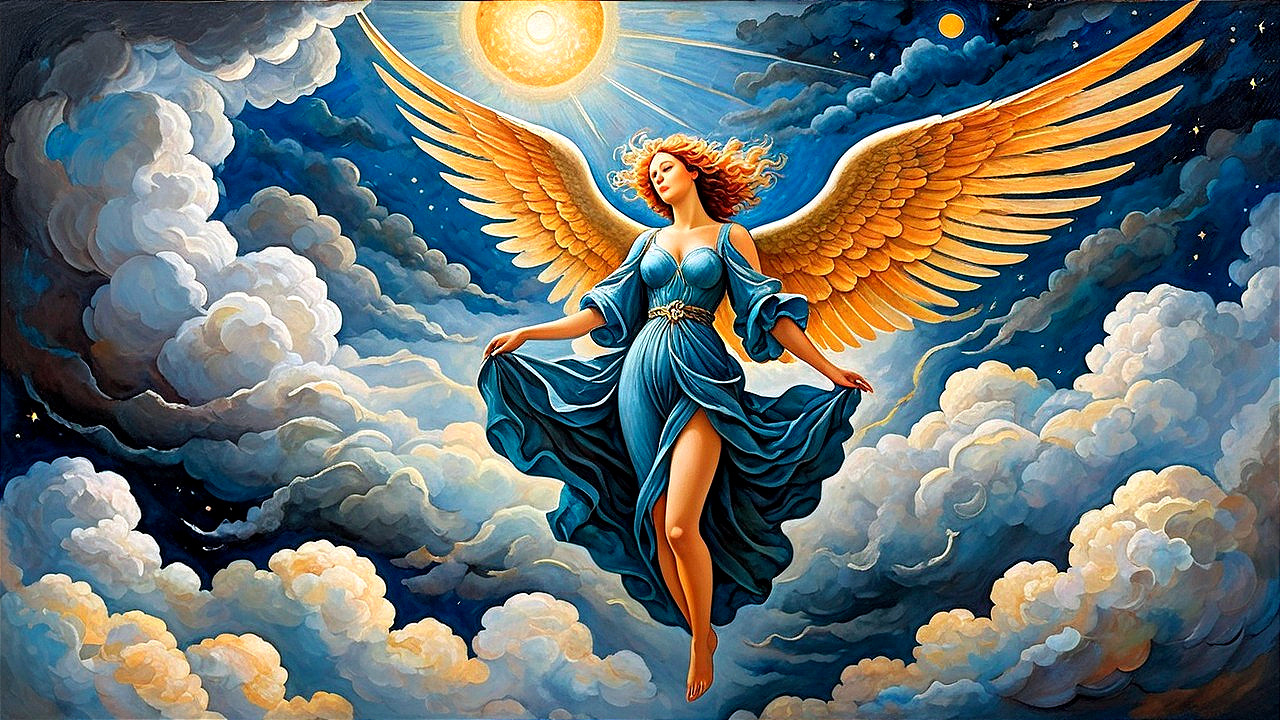 Majestic Figure with Golden Wings Above Fluffy Clouds