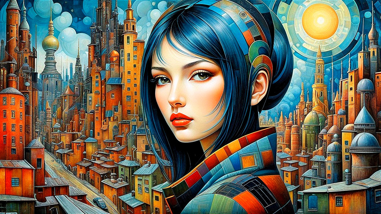 Futuristic cityscape with vibrant colors and strong figure