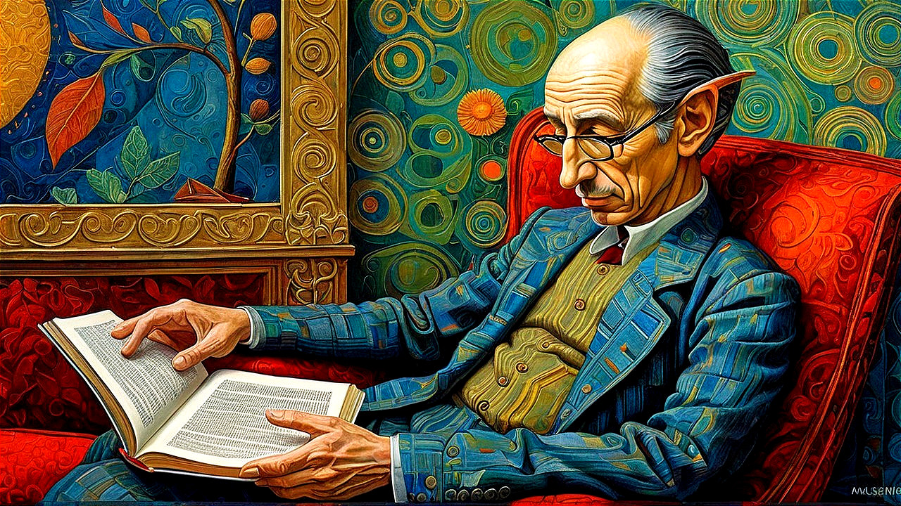 Distinguished figure reading in a plush red chair