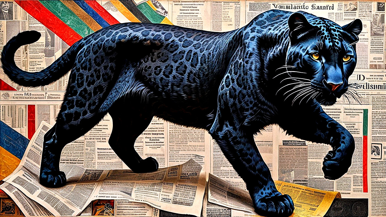 Black Panther on Colorful Newspaper Clippings Background