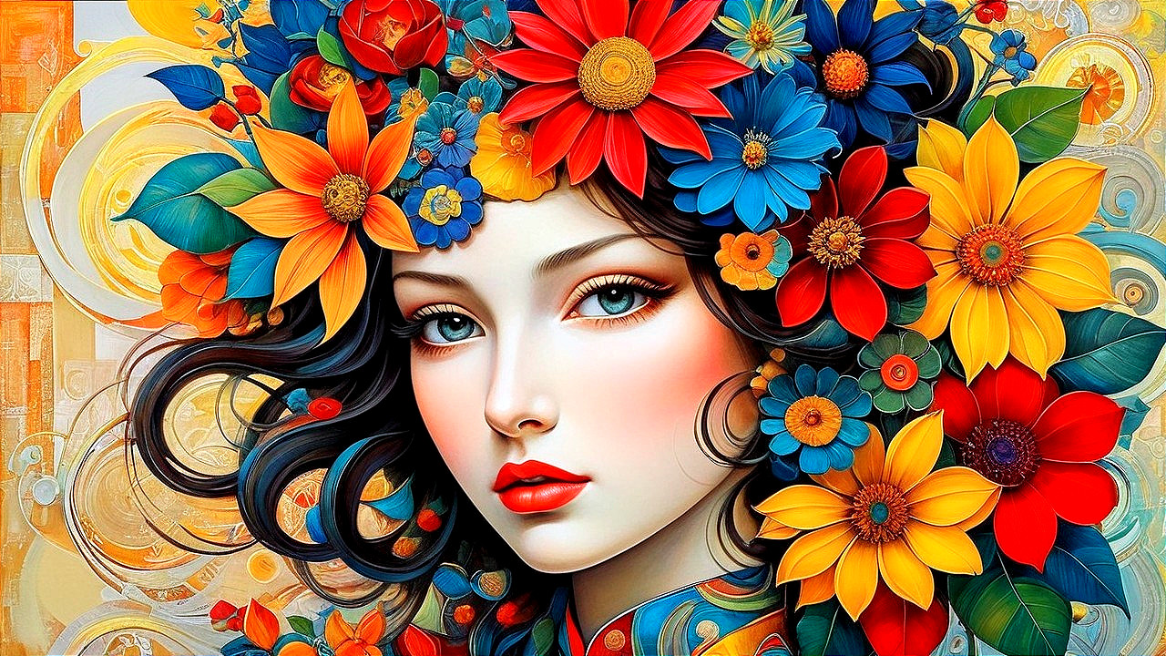 Colorful Portrait of Woman with Floral Headdress