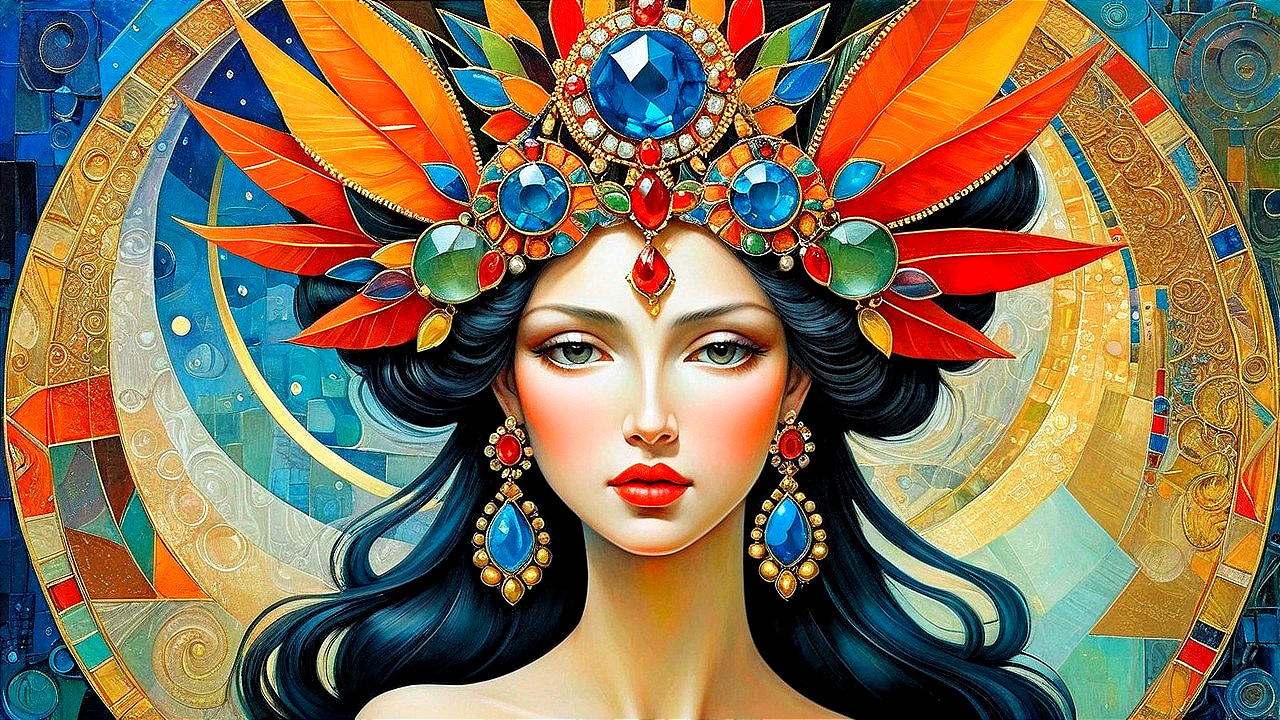 Portrait of a woman with black hair and feather headdress