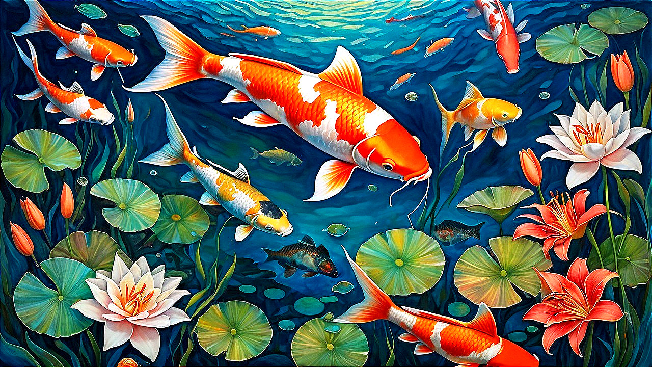 Vibrant Oil Painting of Koi Fish in Blue Pond