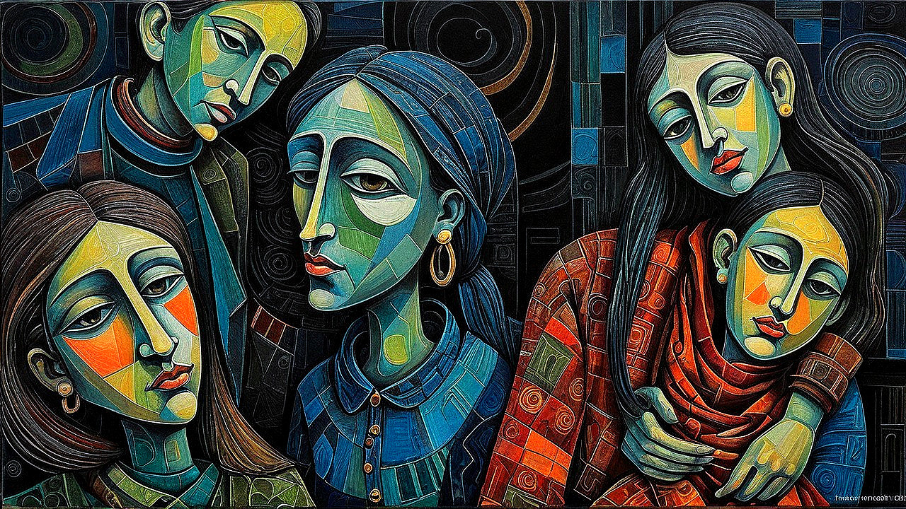 Stylized Figures in Bold Colors and Geometric Shapes