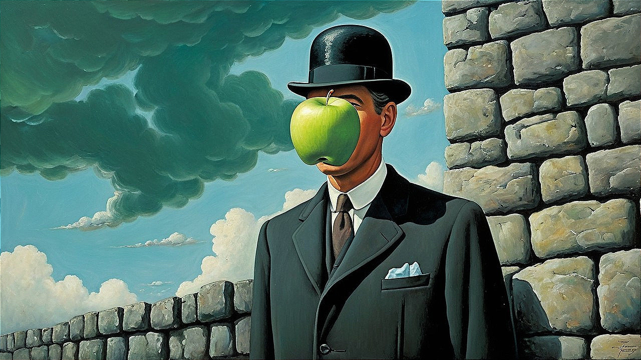 Surreal Man with Apple Head Against Stone Wall