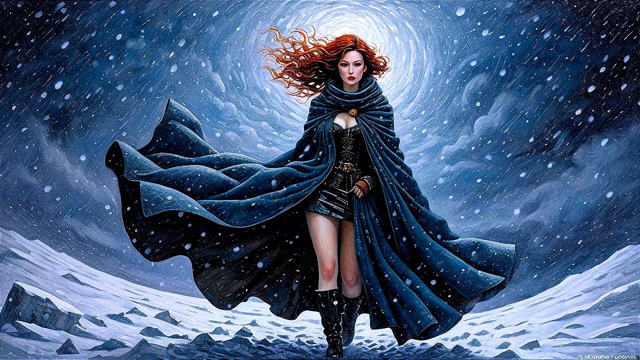 Mystical Figure in Snowy Landscape with Dark Cloak