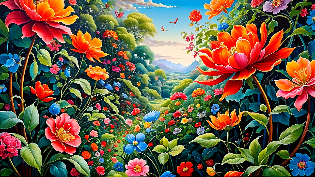 Vibrant Garden Scene with Colorful Flowers and Hills