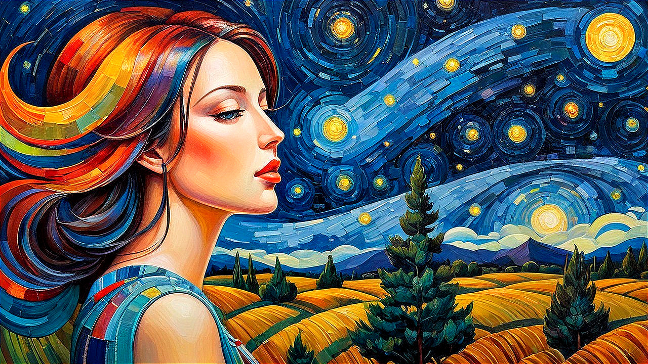 Stylized portrait of a woman with night sky elements