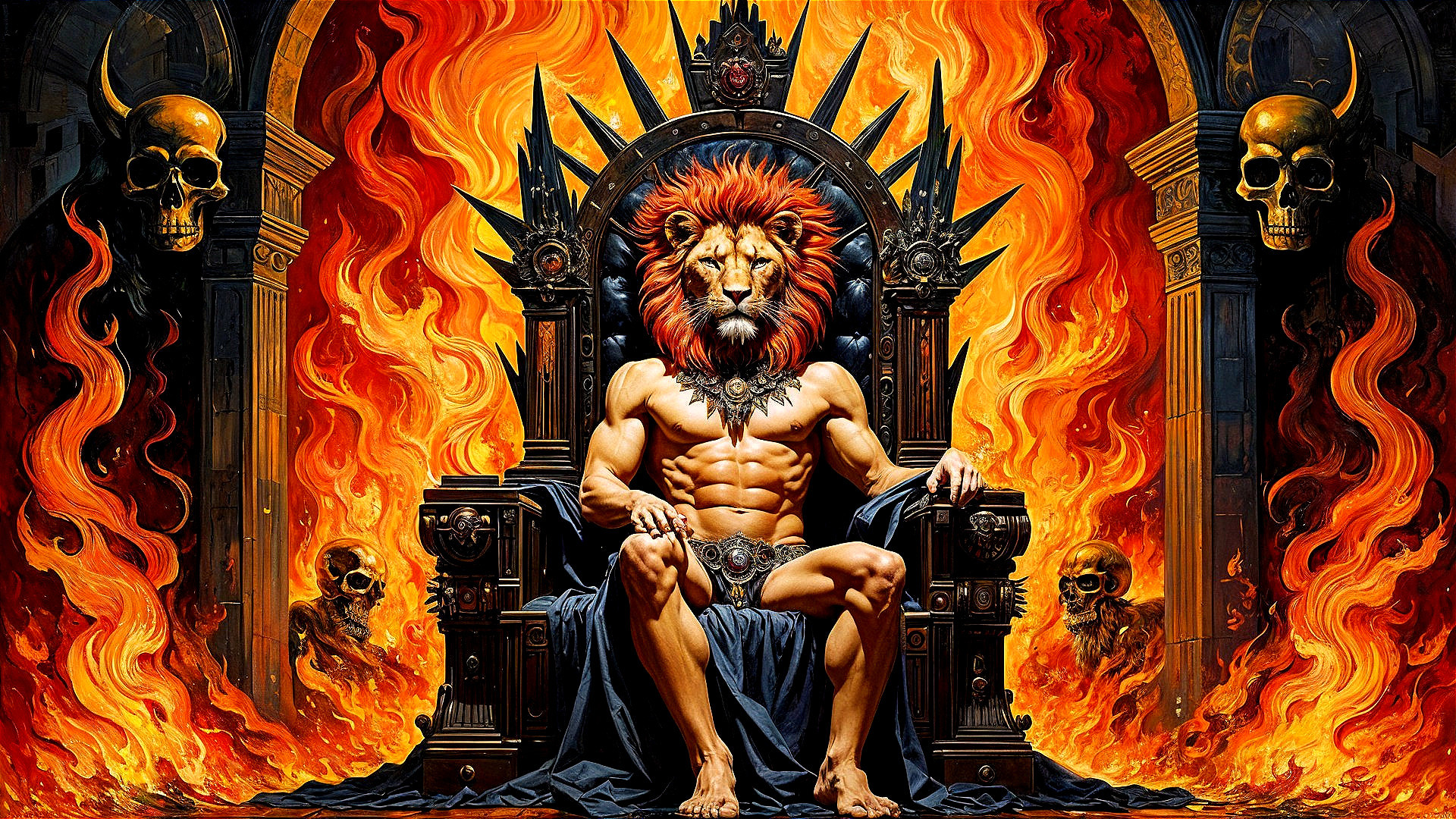 Lion-Headed King on Gothic Throne in Fiery Inferno