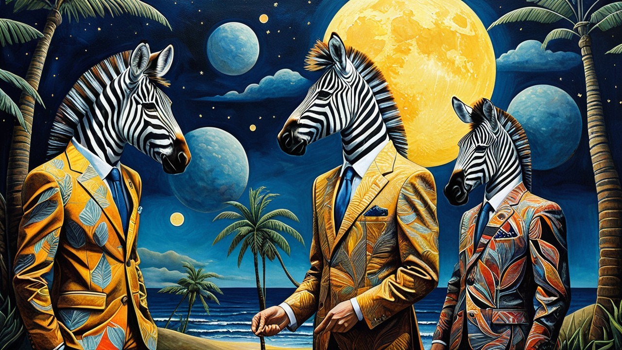 Zebras in Colorful Suits Against Surreal Night Landscape