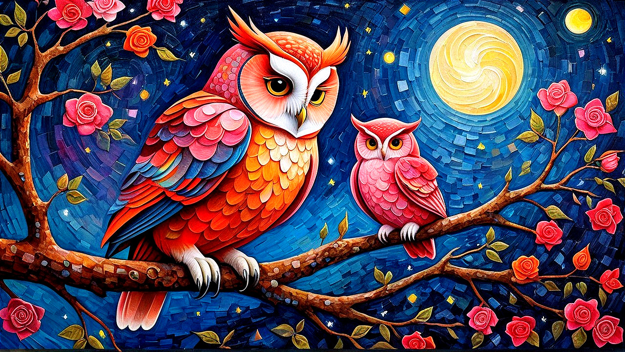 Colorful Owls on Branch with Roses and Night Sky