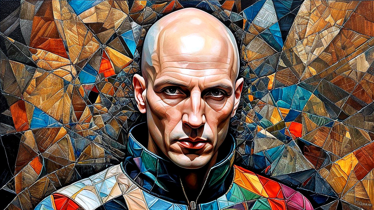 Stylized Portrait of Bald Man with Colorful Jacket