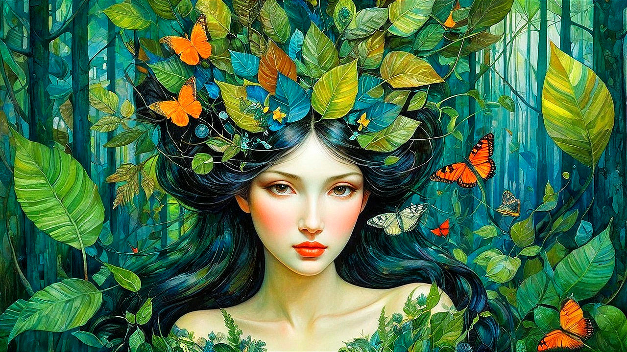 Woman in Forest Surrounded by Leaves and Butterflies