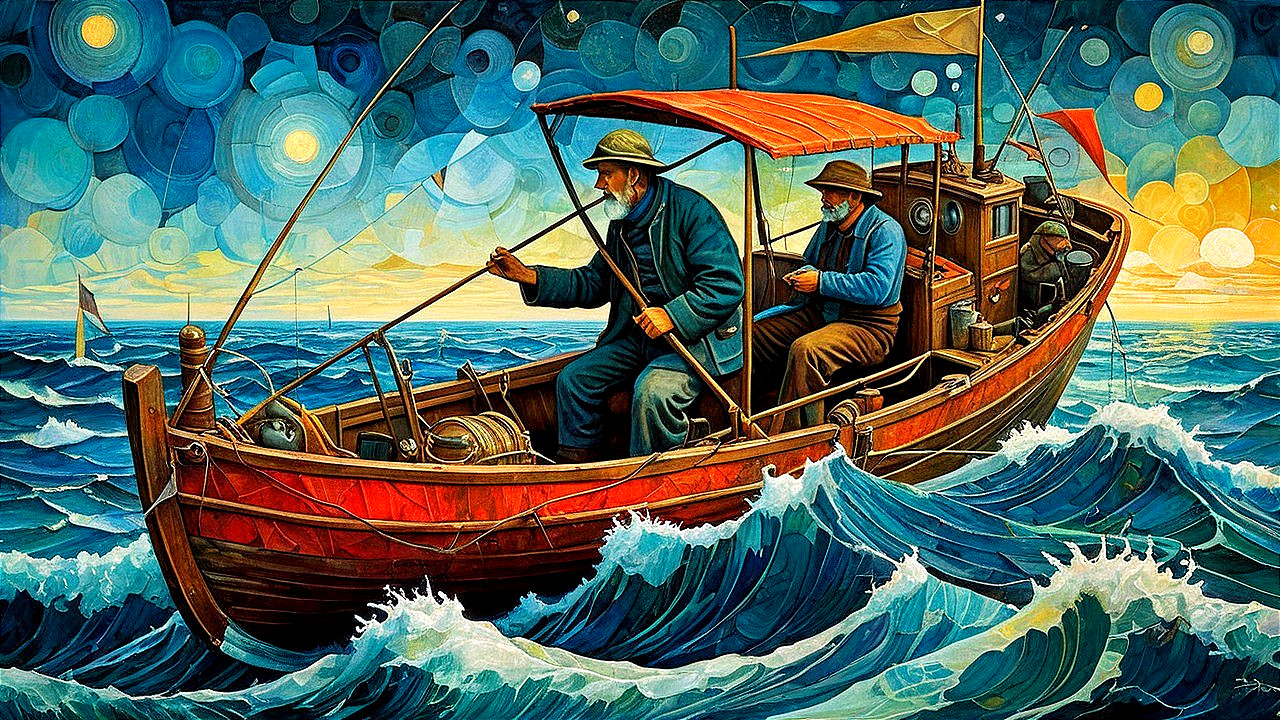 Vivid Painting of Fishermen in Turbulent Waters