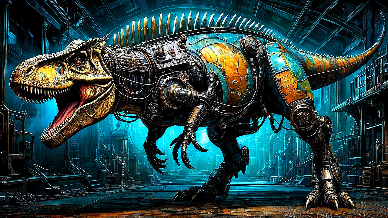 Mechanical Dinosaur with Metallic Design and Colors