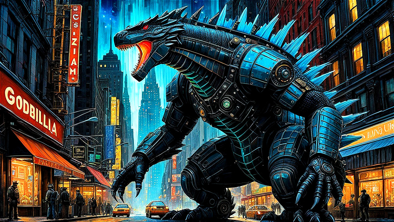 Mech Godzilla in Futuristic City at Night Scene