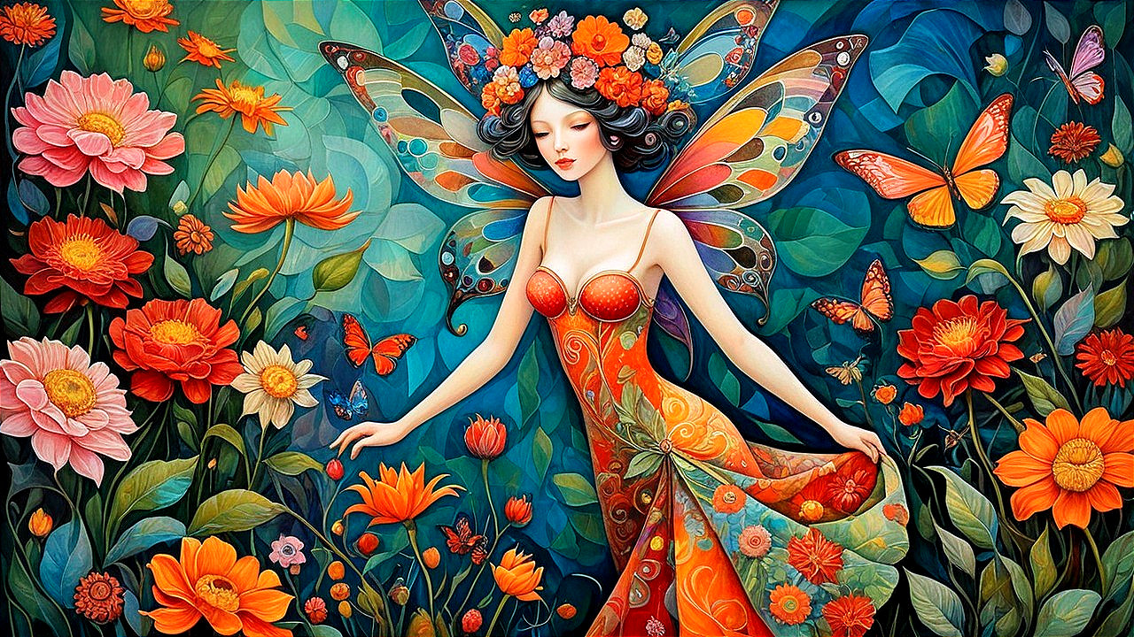 Fairy with Butterfly Wings in a Flower Garden