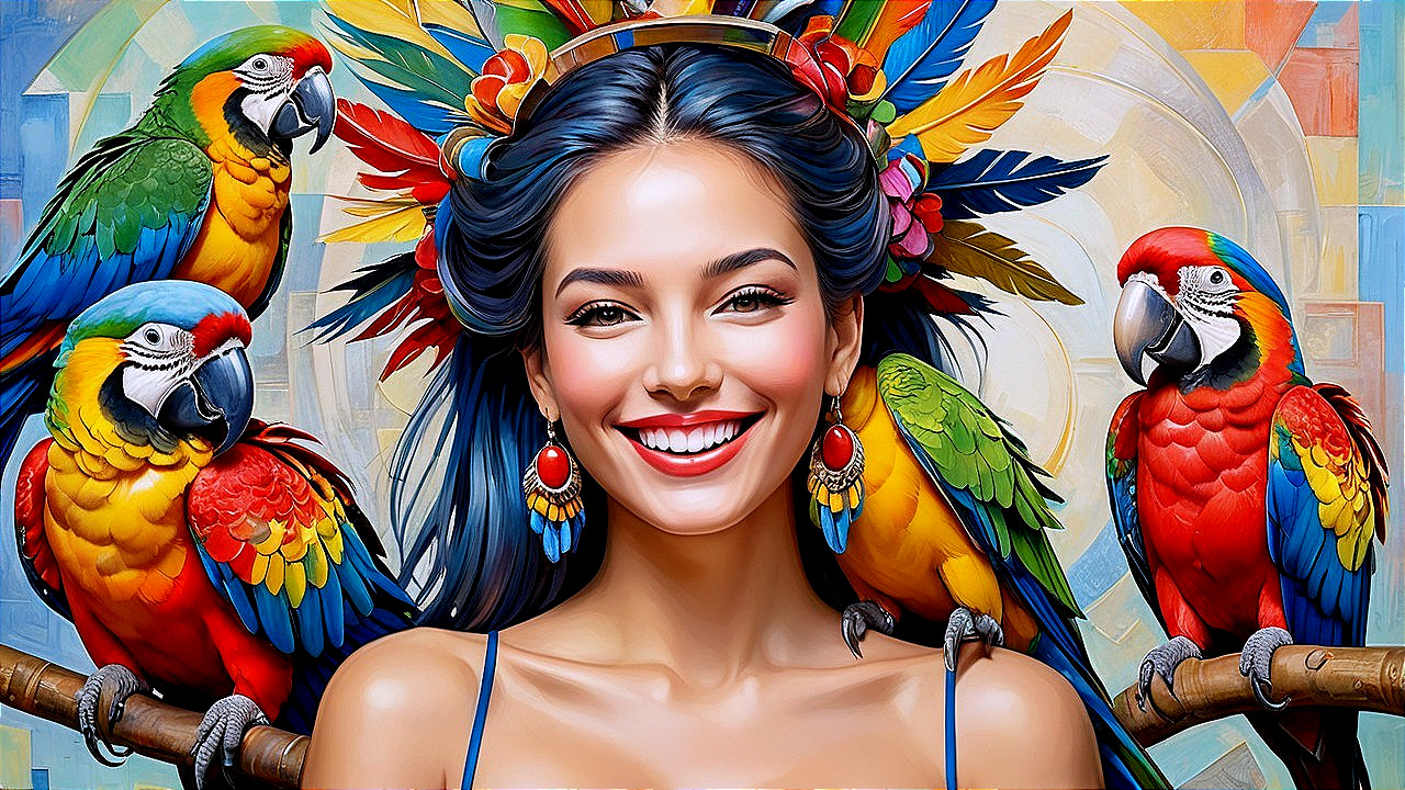 Vibrant portrait of a woman with tropical macaws