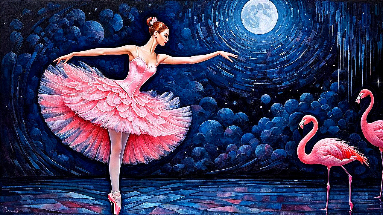 Ballerina in Pink Tutu Dancing Under Full Moon