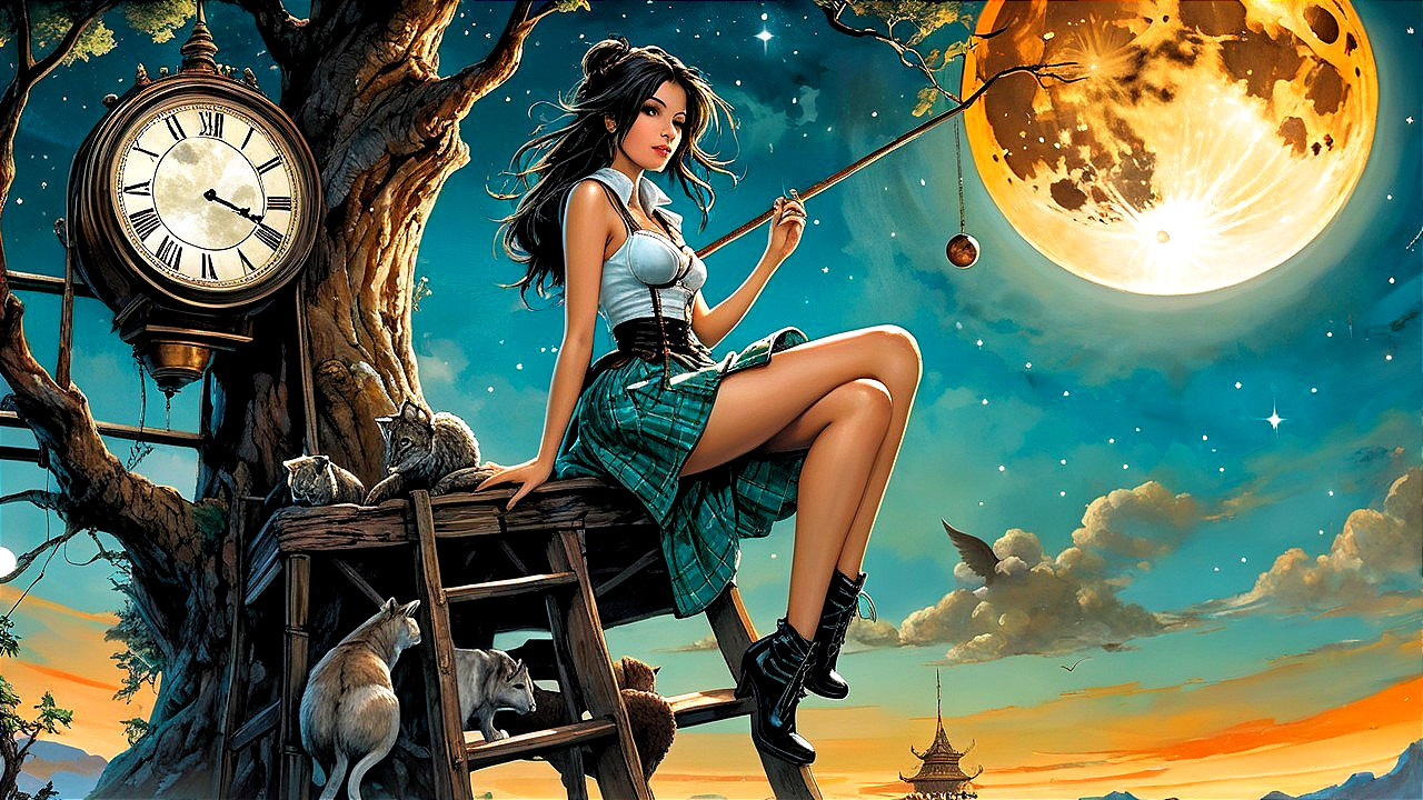 Whimsical Night Scene with Moon and Animals