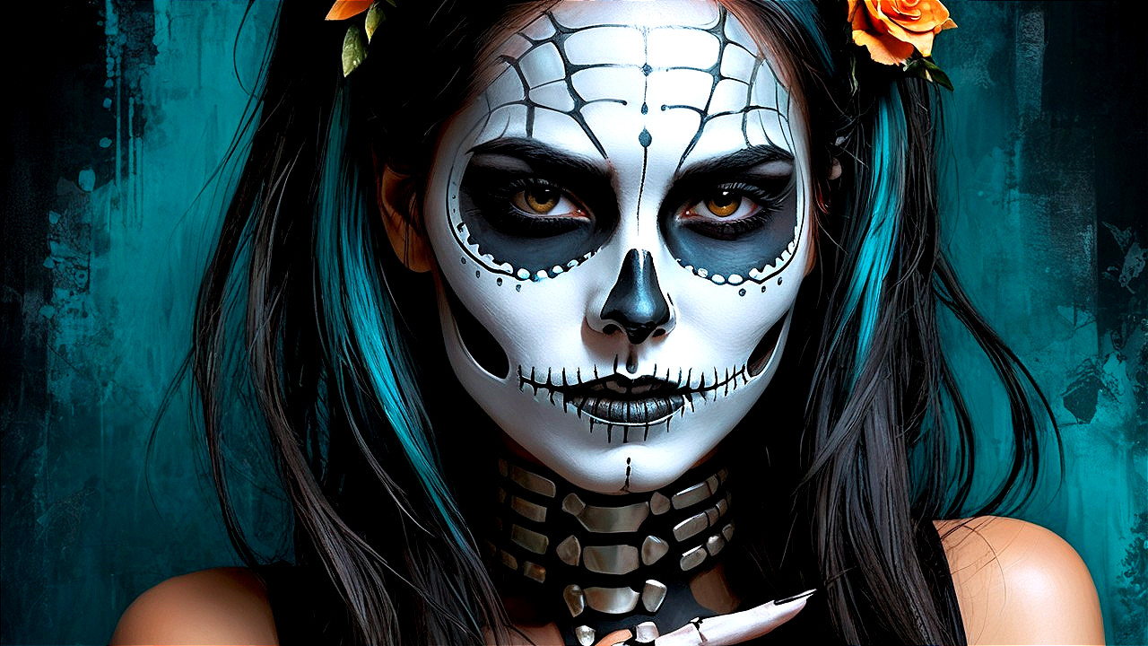 Portrait of a Woman with Skull Makeup and Roses