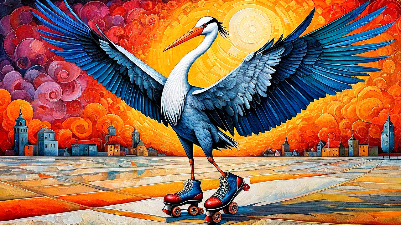 Surreal Heron on Roller Skates Against Sunset Background