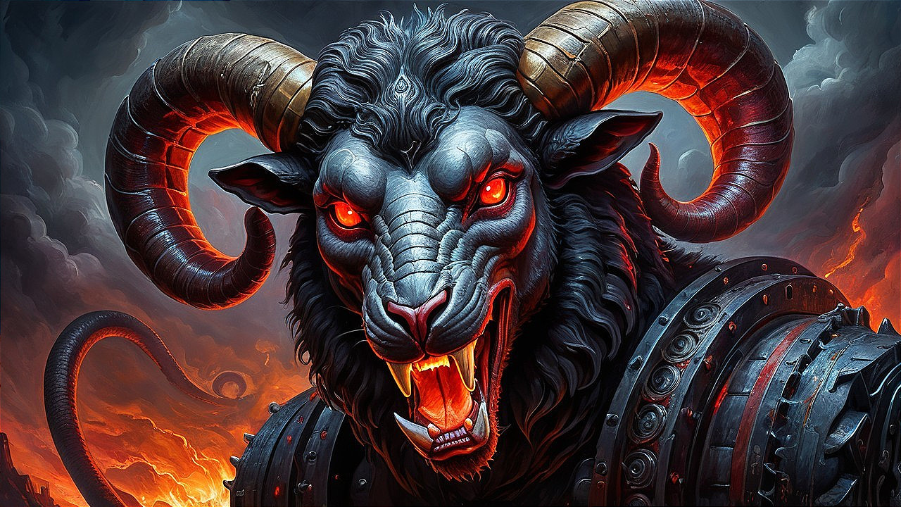 Fierce Black Ram with Twisted Horns and Armor