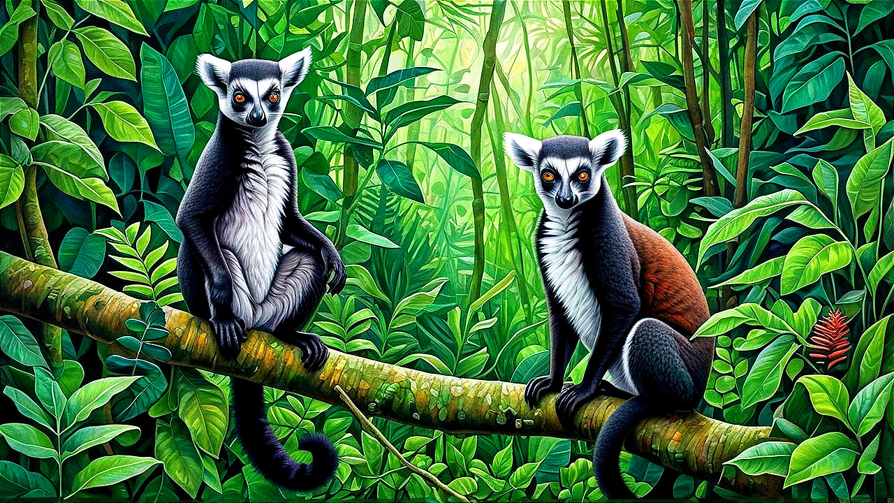 Playful Lemurs in a Lush Jungle Setting