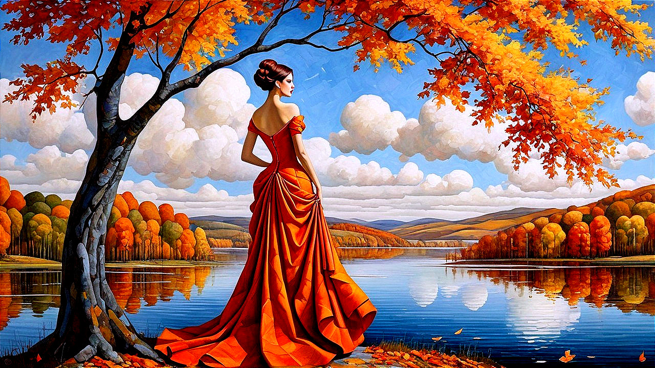Serene Landscape with Woman in Red Dress by Lake