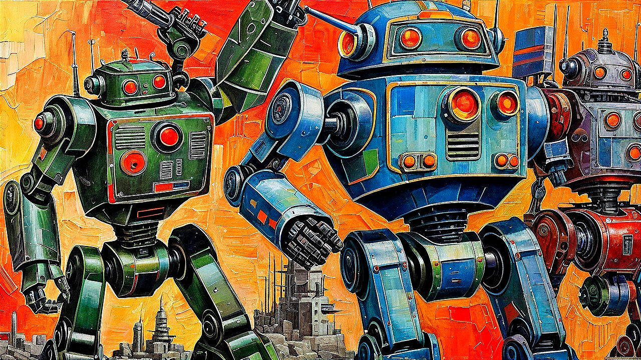 Vibrant Scene of Three Distinct Robots in Orange Background
