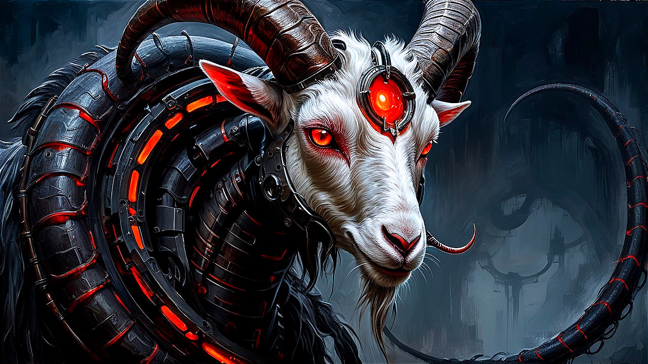 Futuristic Ram with Cybernetic Features and Dark Background