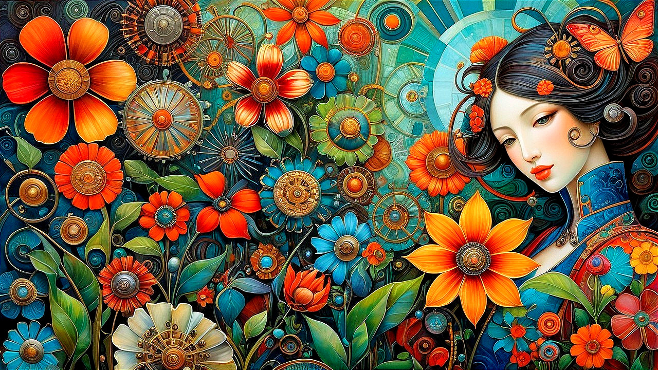 Vibrant Portrait of a Woman with Flowers and Gears